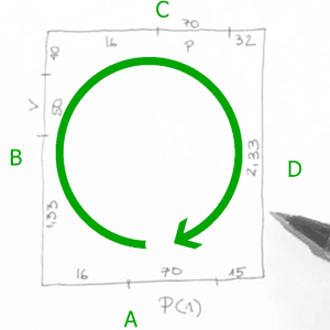 Cómo hacer un croquis - Plan Reforma - Luego la de la izquierda (B), la de enfrente (C) y la de la derecha (D) siempre en el sentido de las agujas del reloj y cerrando el rectángulo. Es importante tener el papel siempre en el mismo sentido de lo que estamos viendo así como medir todos los segmentos que hemos dibujado.