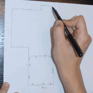 Cómo hacer un croquis - Plan Reforma - Dibujas las paredes empezando por la izquierda siguiendo el sentido de las agujas del reloj. Siempre sin movernos de la puerta donde estamos.