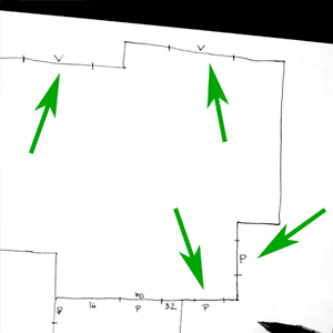 Cómo hacer un croquis - Plan Reforma - Marcamos dónde están las puertas (P) y las ventanas (V).